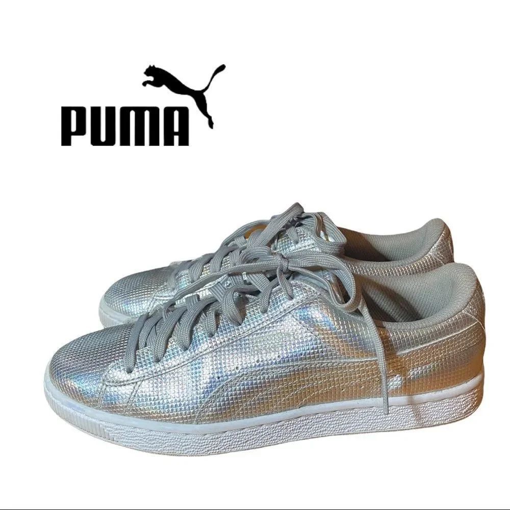 PUMA Women's Basket Holographic Silver Leather Sneakers 8